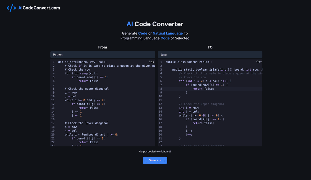 AI Code Converter - 免费多语言代码翻译与生成工具