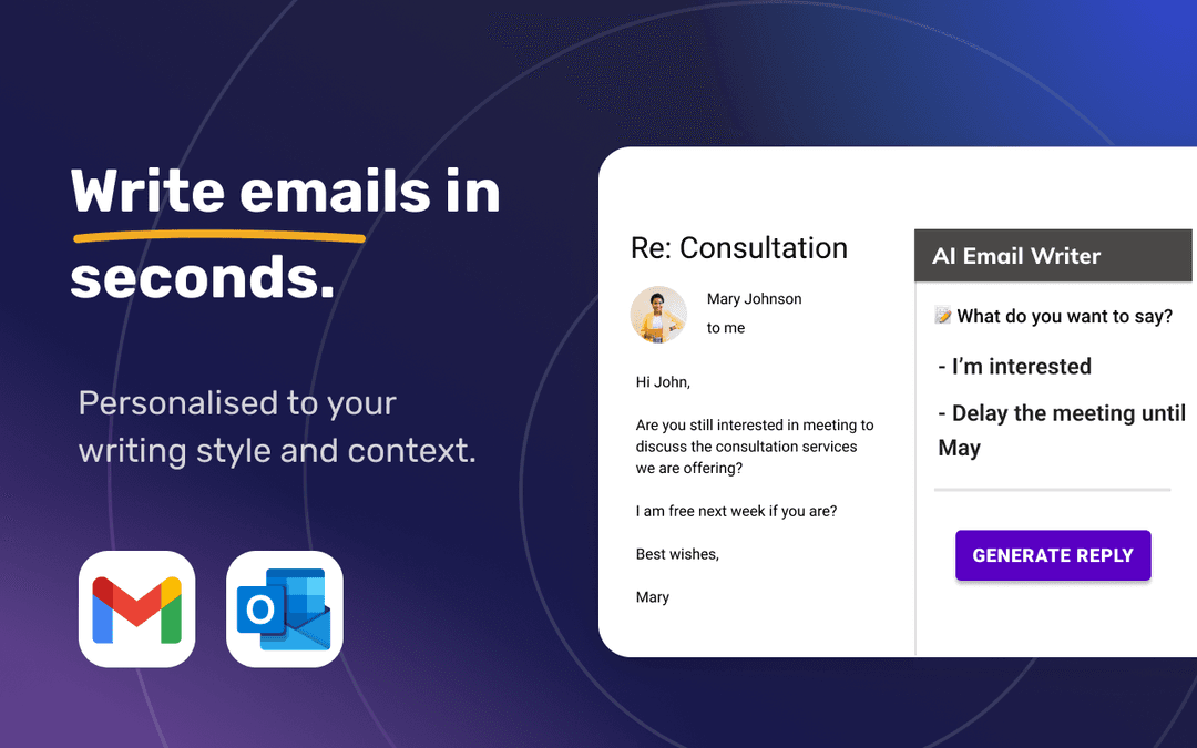AI Email Writer - Gmail和Outlook的智能邮件助手，10倍提速邮件写作